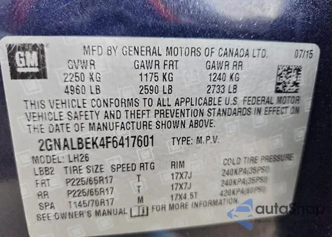 2015 Chevrolet Equinox Lt z USA, uszkodzony, nr VIN 2GNALBEK4F6417601